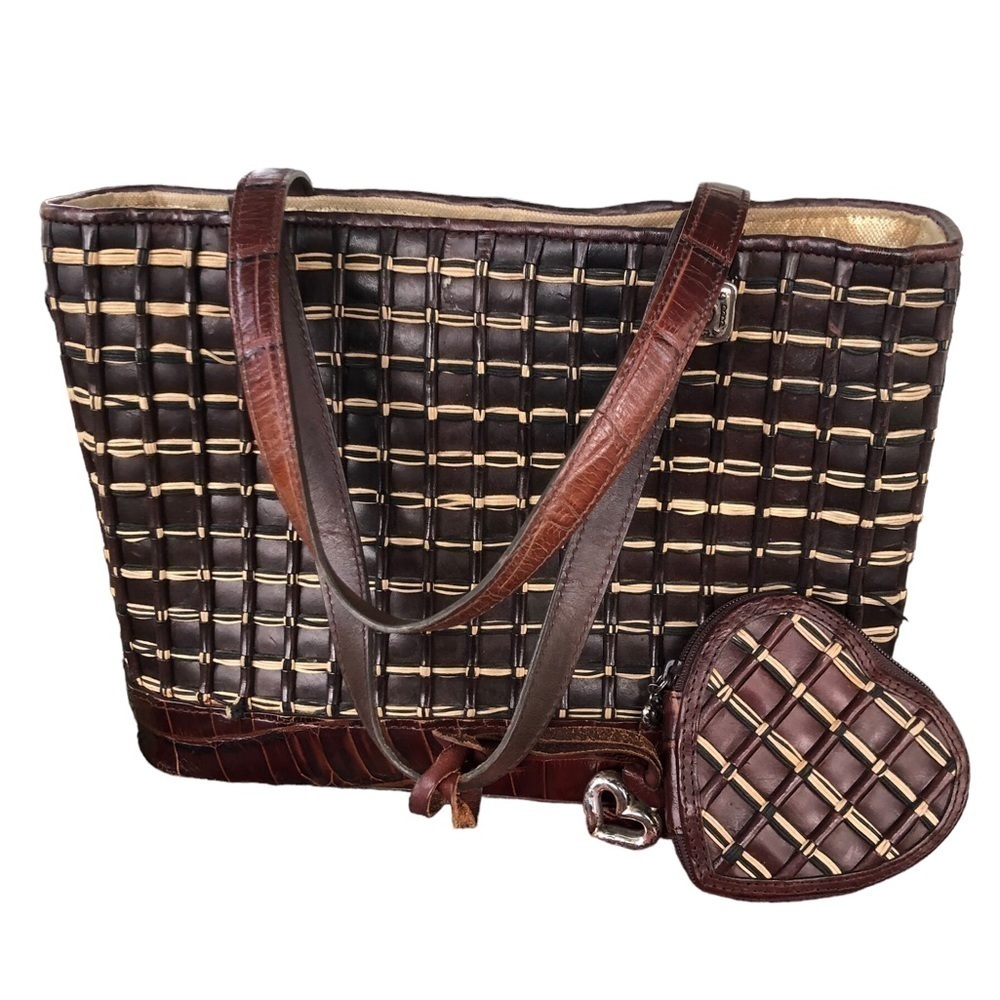 Brighton Woven Textured Leather Handbag Tote Double Handles Matching Coin Purse